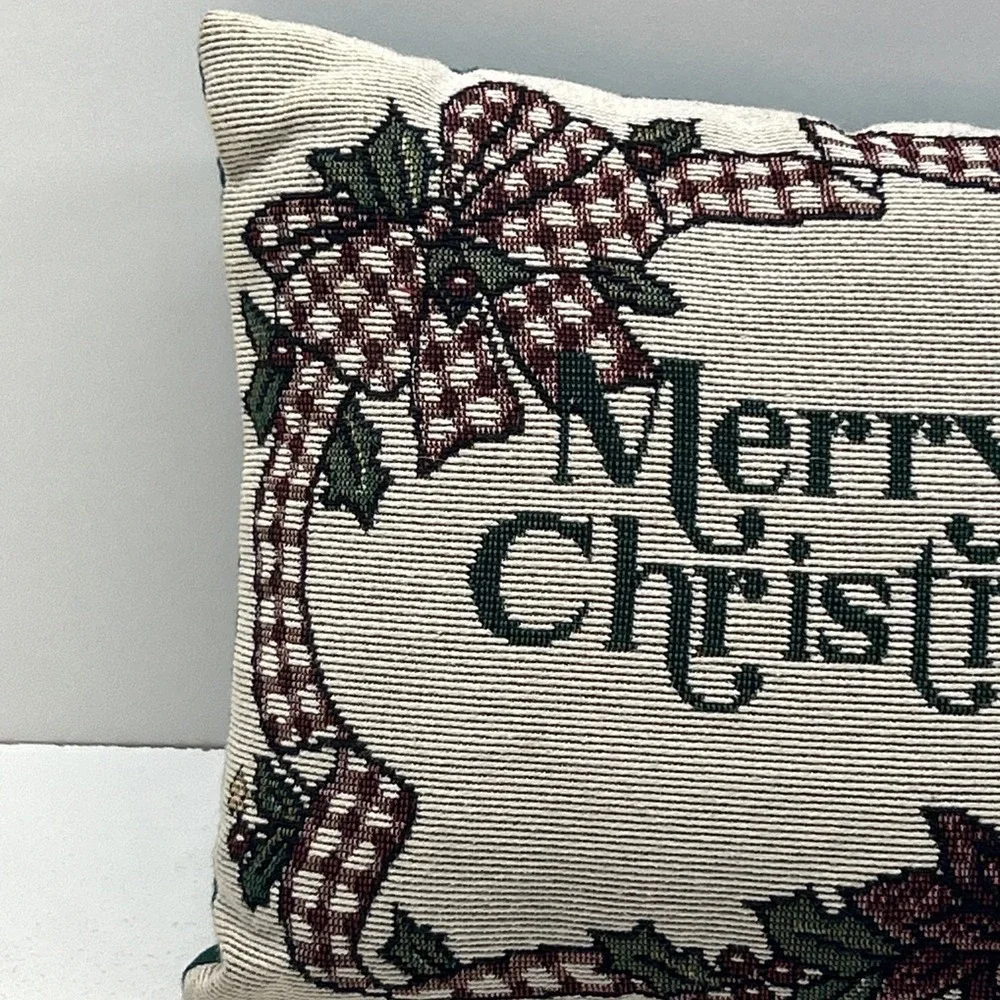 Vintage‎ Merry Christmas Tapestry Woven Throw Pillow 12x8 Holiday Decor